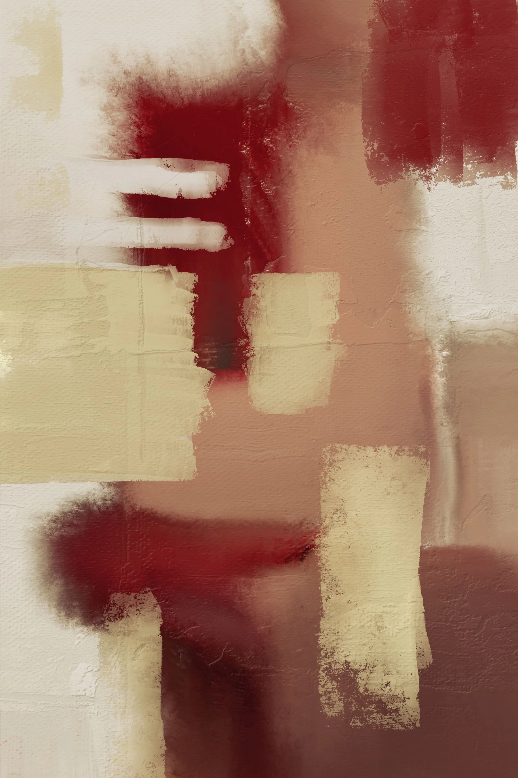Abstract painting in red and beige, layered paint