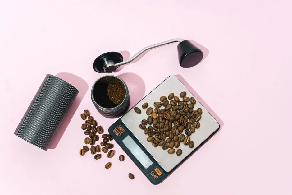 Coffee beans weighed on a kitchen scale next to a burr grinder