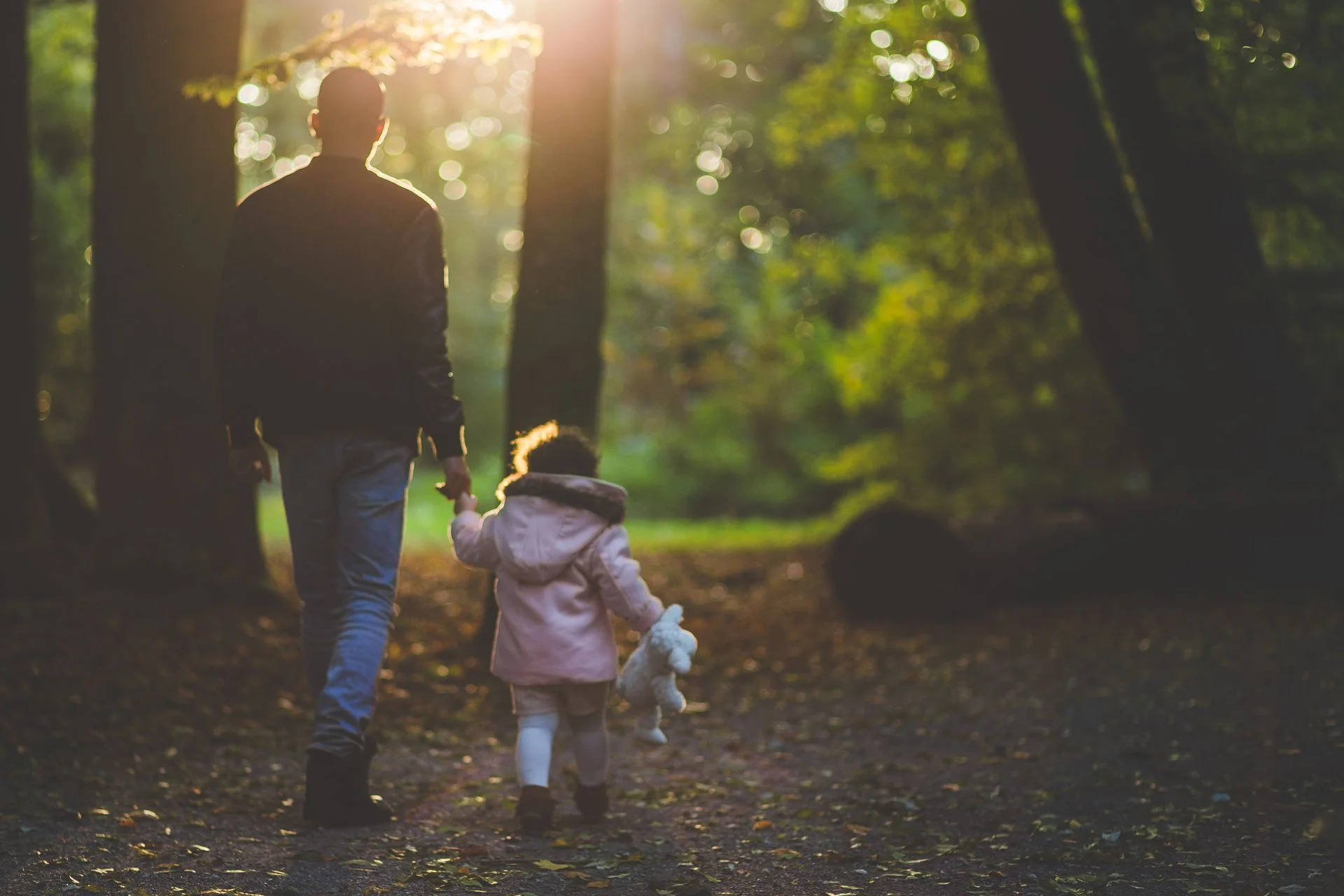 A father and his young daughter walking hand in hand through an autumn wood