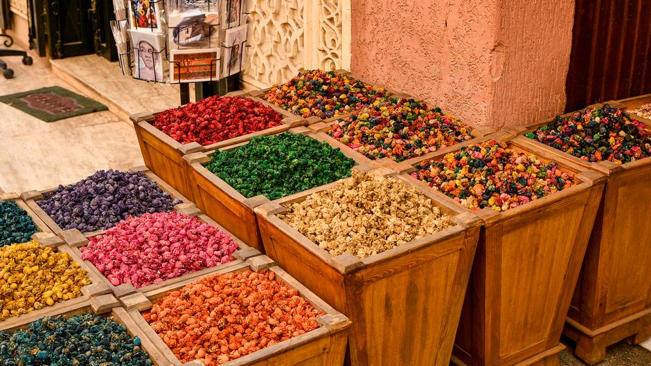 Spices and lanterns in a Marrakech souk