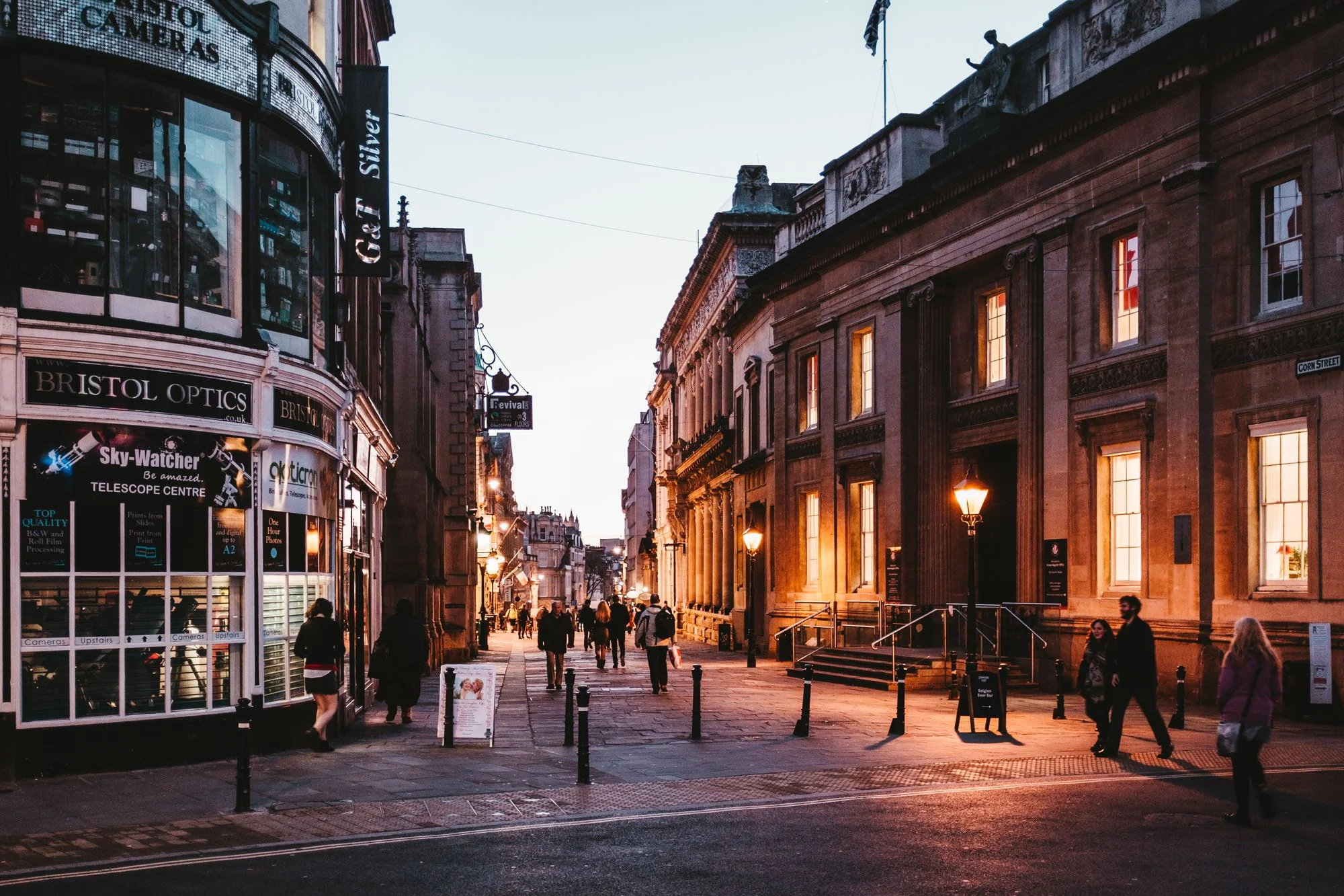 Historic streets of Bristol old town at dusk