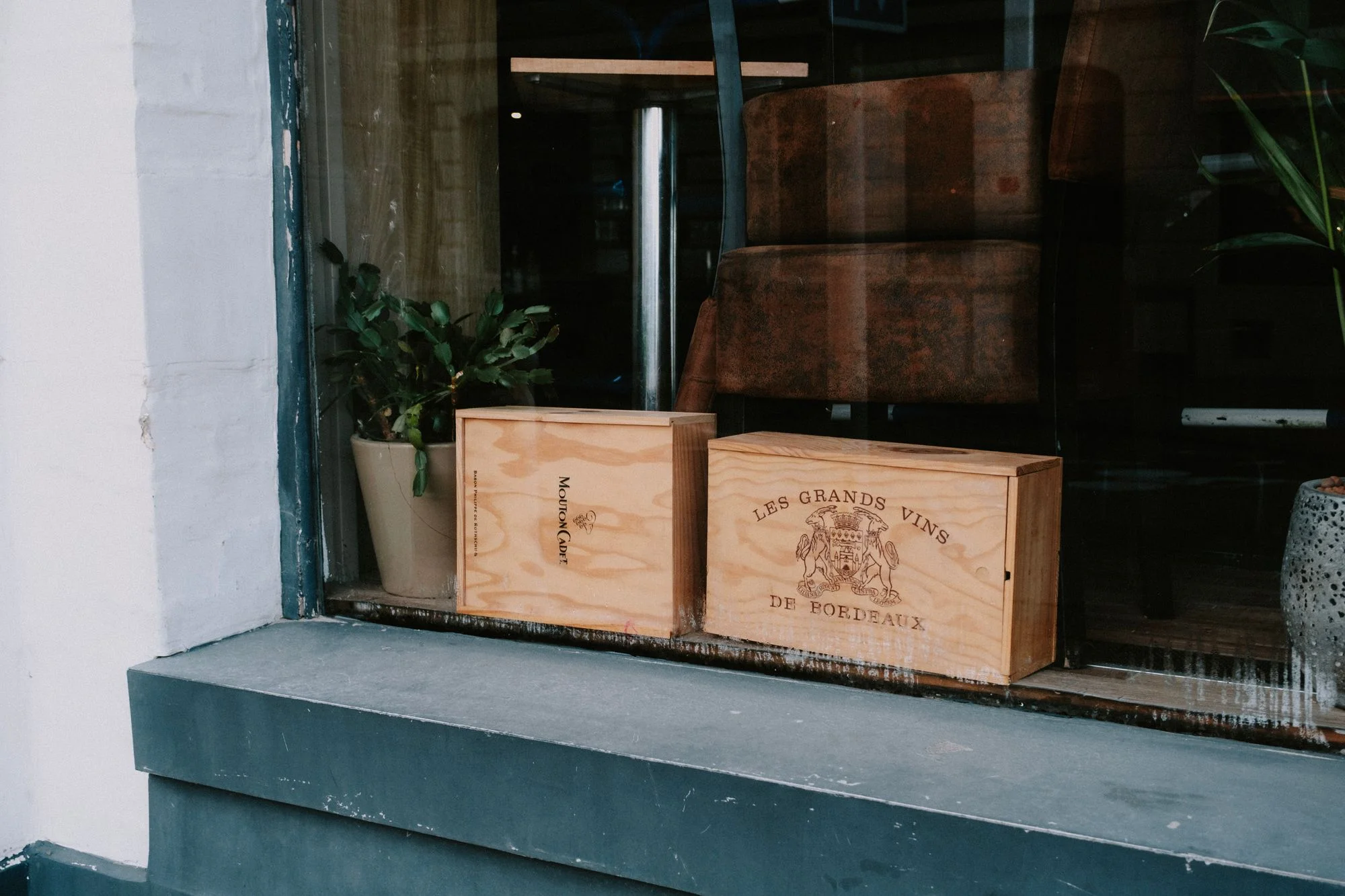 Wooden wine crates in the shop window