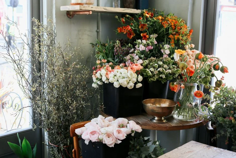 Fresh flowers displayed in a cosy flower shop