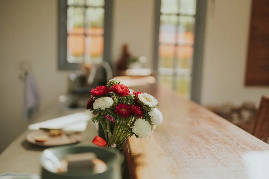 A hand-tied bouquet on a wooden table